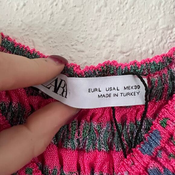 ZARA Knit Pink Floral Ruched Body Con Mini Dress Size Large - Picture 5 of 7